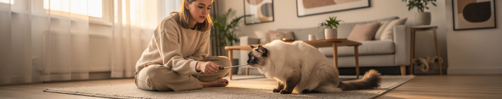 Een vrouw voert haar Siamese kat in een gezellige woonkamer met een zacht tapijt.