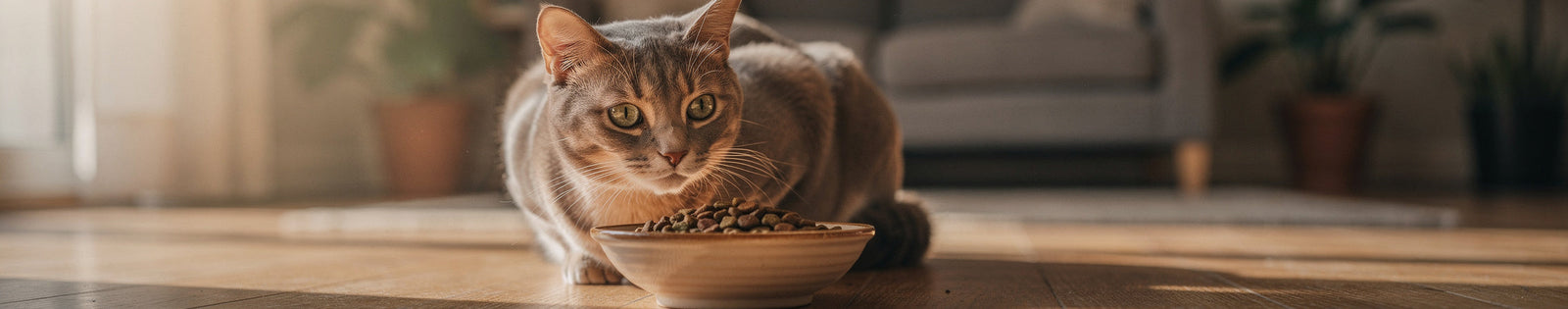 Grijze kat eet aandachtig van een schaal met hondenvoer in een lichte woonkamer.