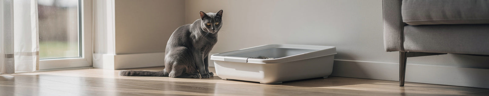 Een grijze kat observeert aandachtig de ruimte terwijl hij naast de kattenbak zit in een lichte woonkamer.