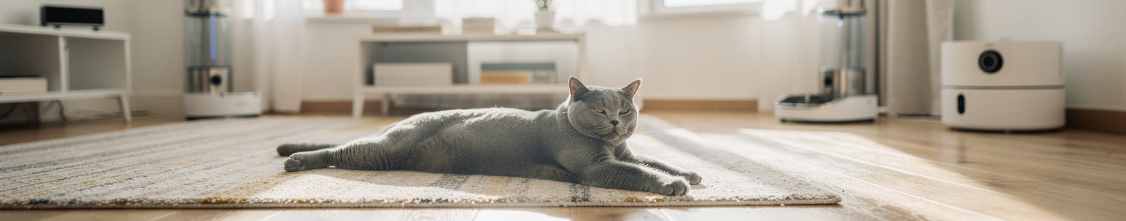 Grijze kat ligt ontspannen op een kleurrijk vloerkleed in een moderne, lichte woonkamer.