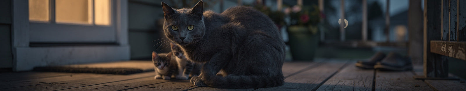 Grijze kat staart met grote ogen naar de camera, terwijl haar twee speelse kittens achter haar spelen op het terras.