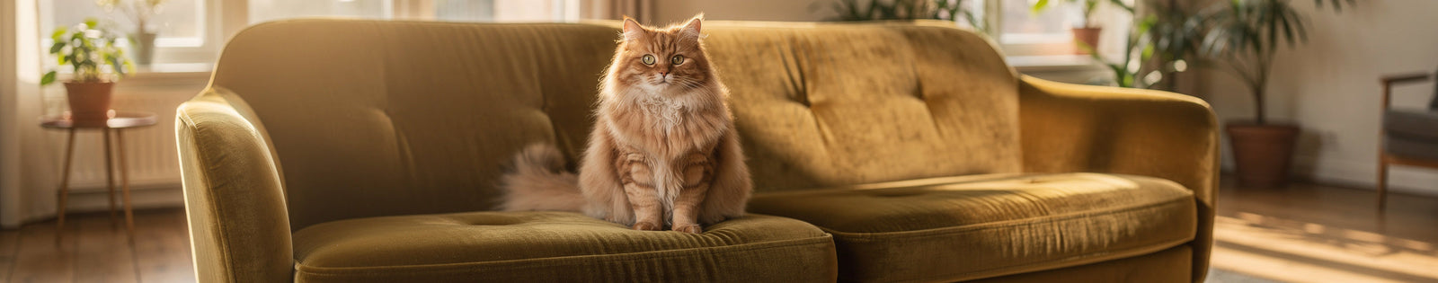 Een oranje langharige kat zit ontspannen op een olijfgroene bank in een lichte woonkamer.