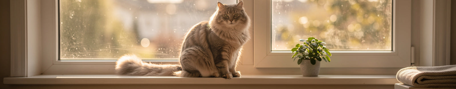Grijze langharige kat zit op een vensterbank in de zon met een klein plantje ernaast.