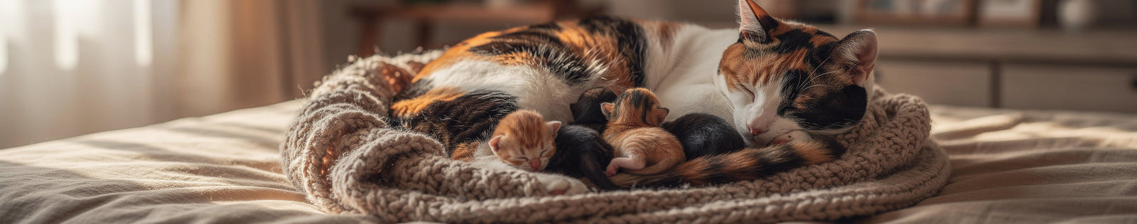 Een kleurige kat ligt slapend met haar drie schattige kittens op een warme deken in fijn ochtendlicht.