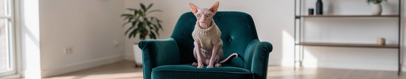 Sphynx kat met trui zit ontspannen in een groene stoel in een moderne woonkamer.