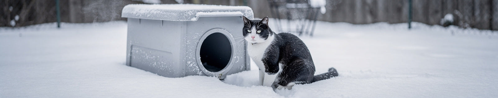 Zwarte-witte kat die aandachtig naast een plastic huisje in de sneeuw staat en zich om zich heen kijkt.