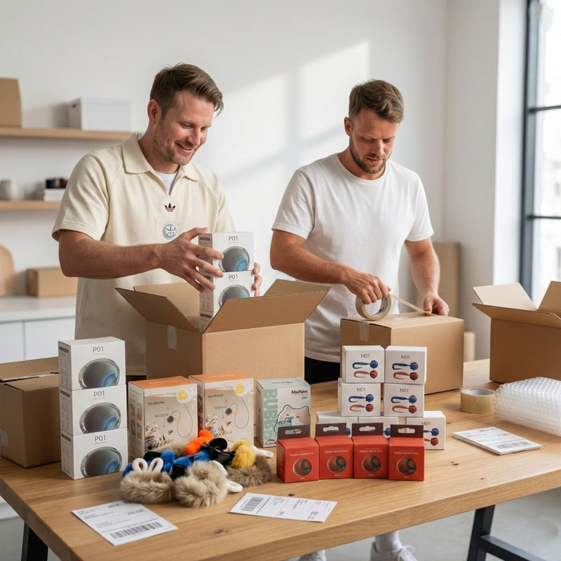 Ons team aan het werk in het magazijn, waarbij elke bestelling met de hand en met veel zorg wordt ingepakt in onze herkenbare verzenddozen.