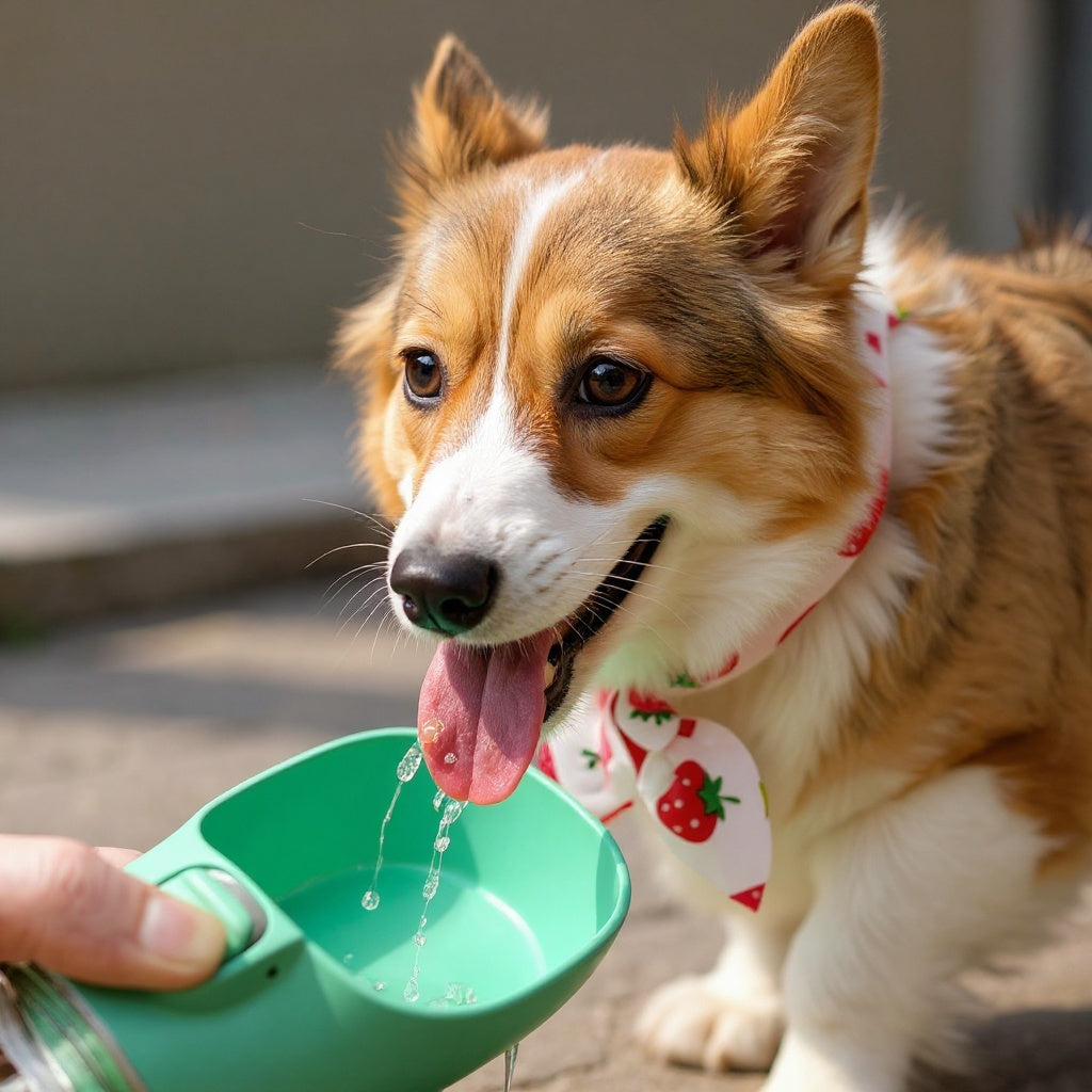 Corgi drinkt water uit groene draagbare fles op stoep tijdens wandeling