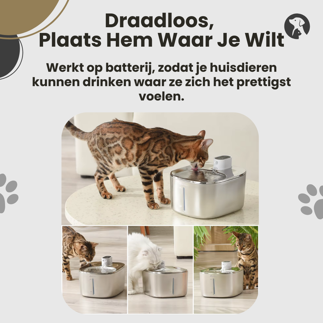 Draadloze kattenfontein gemakkelijk te plaatsen in elke kamer of tuin