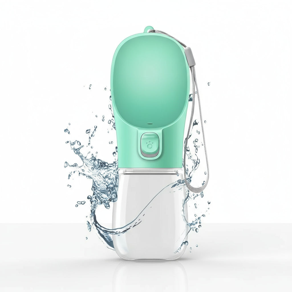 Waterdichte draagbare hondenwaterfles in mintgroen met spetters water op witte achtergrond