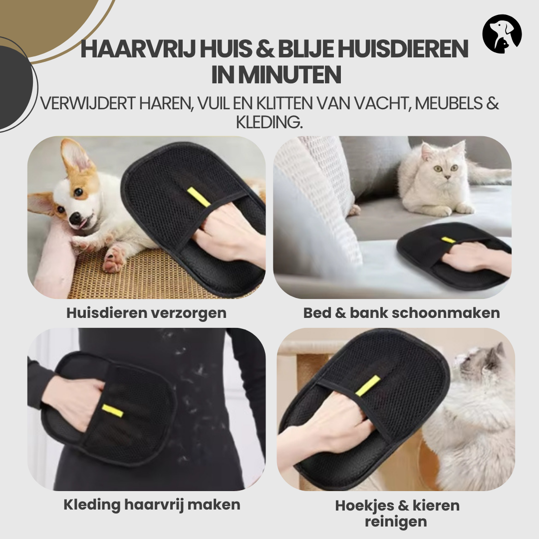 Gebruik van haarverwijderhandschoen om katten en hondenharen van meubels te halen