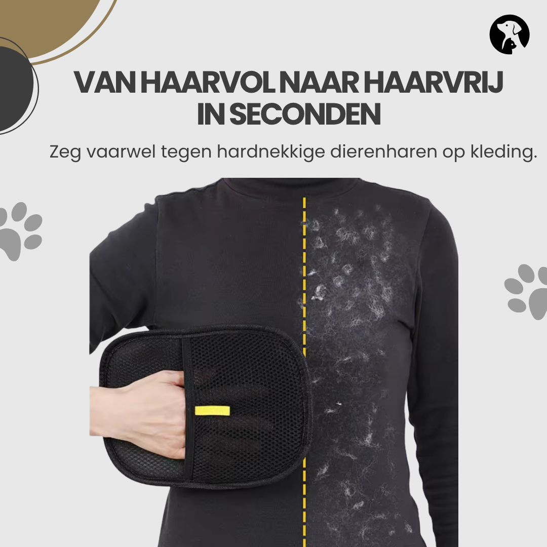 Voor en na beeld van kleding met dierenharen en haarverwijderhandschoen die haren verwijdert in seconden
