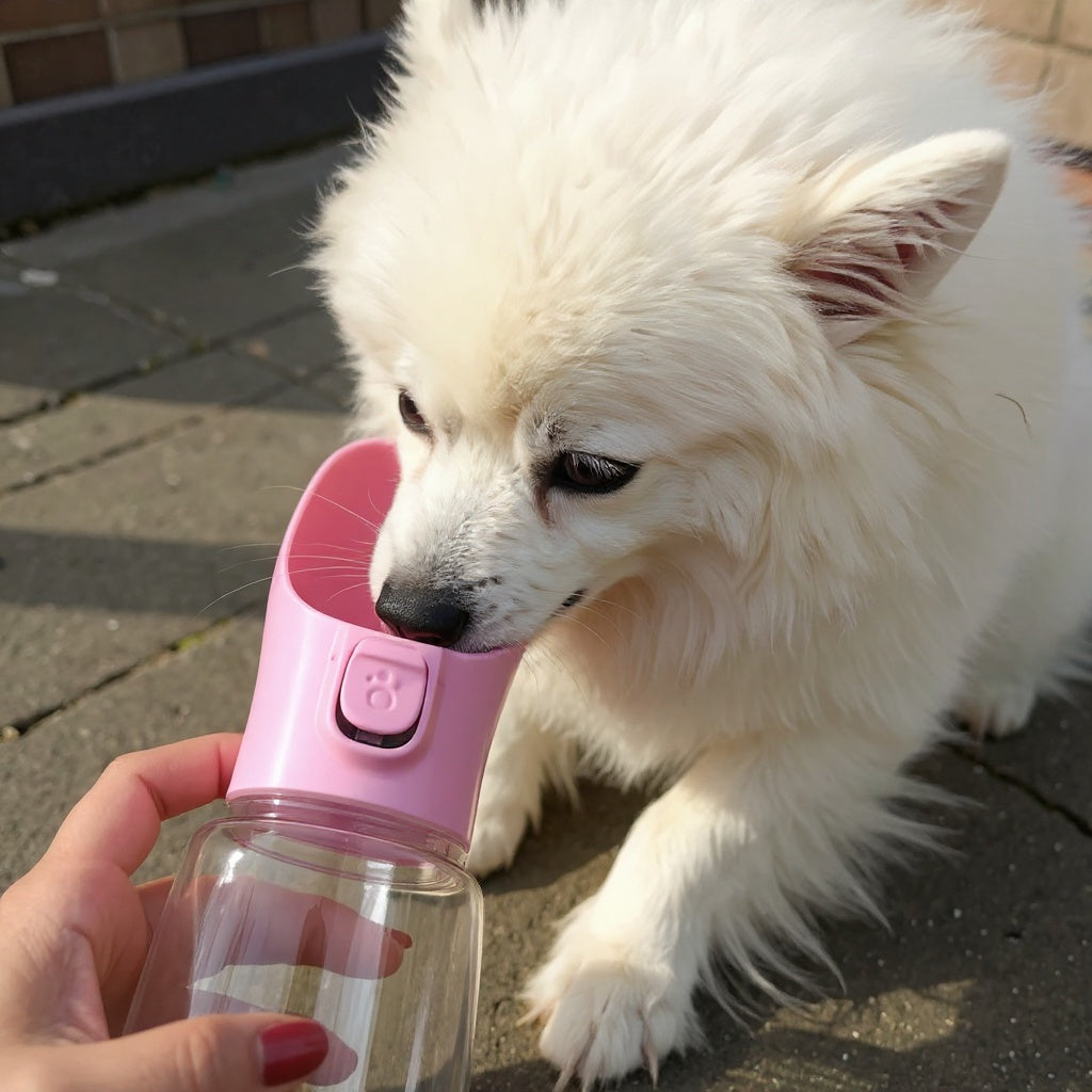 Kleine witte hond drinkt uit roze draagbare waterfles tijdens wandeling
