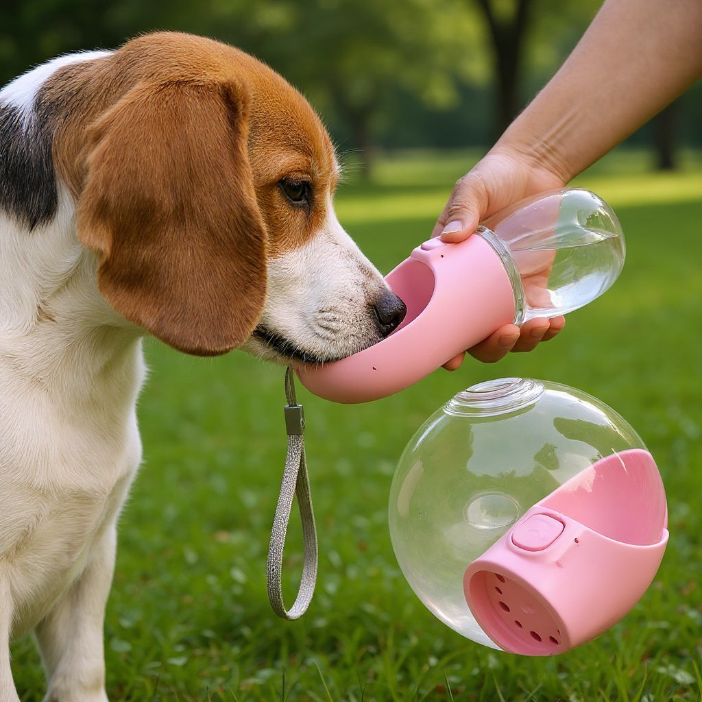 hond drinkt uit roze draagbare waterfles tijdens wandeling
