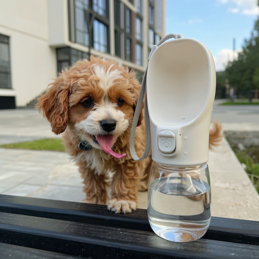 Bruine hond drinkt uit groene draagbare hondenwaterfles buiten op straat