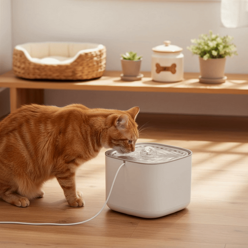 Oranje kat drinkt uit een stille witte waterfontein voor huisdieren in een warme woonkamer