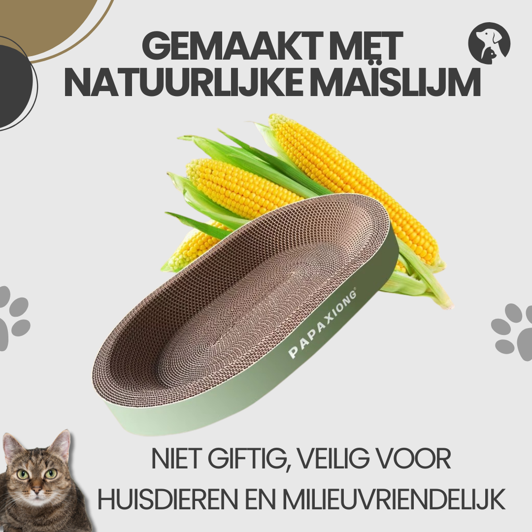 Kattenkrabmand gemaakt met natuurlijke maïslijm – niet giftig, veilig voor huisdieren en milieuvriendelijk.