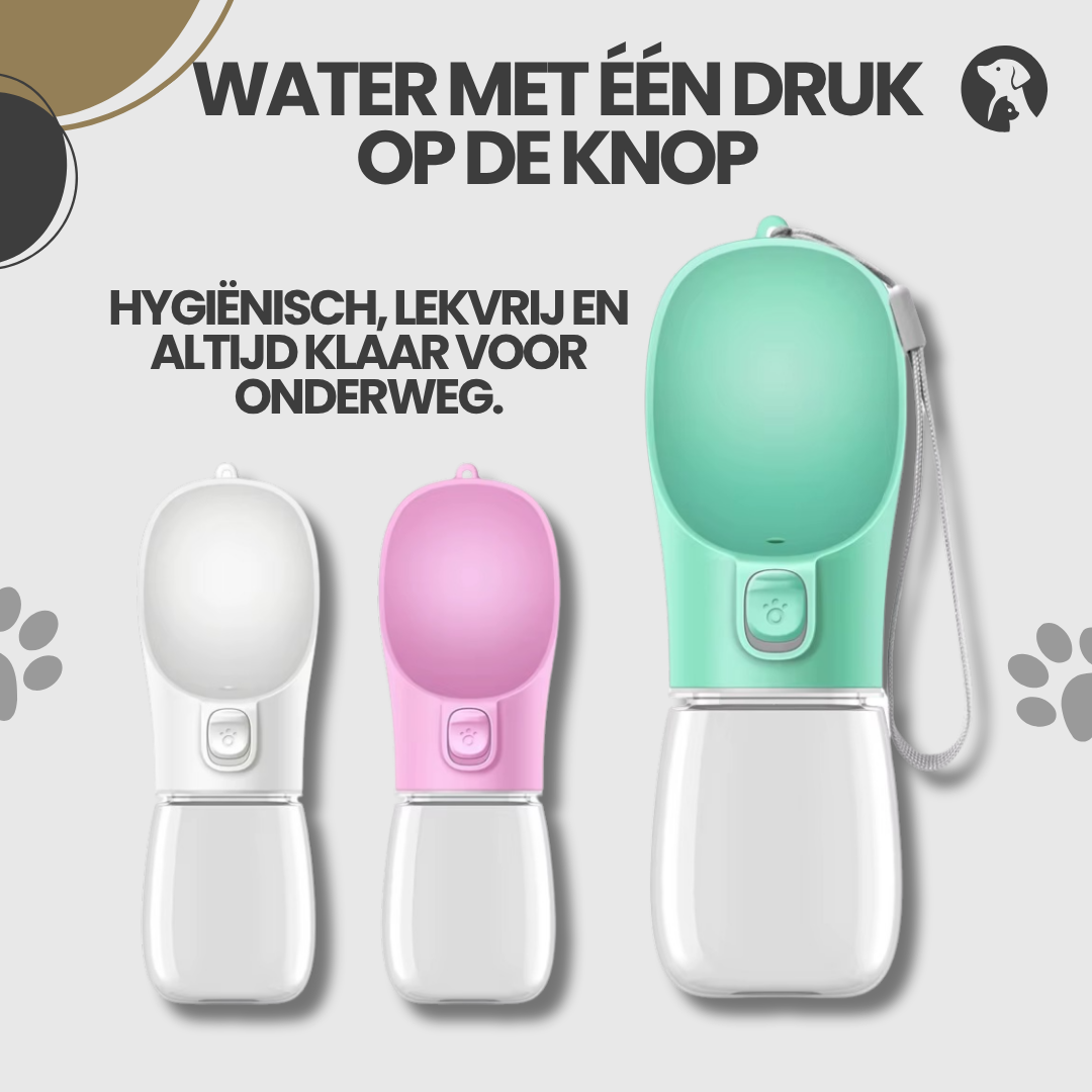 Vergelijking van drie kleuren draagbare waterflessen voor huisdieren: groen, roze en wit