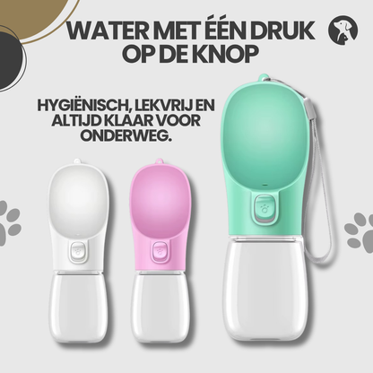 Vergelijking van drie kleuren draagbare waterflessen voor huisdieren: groen, roze en wit