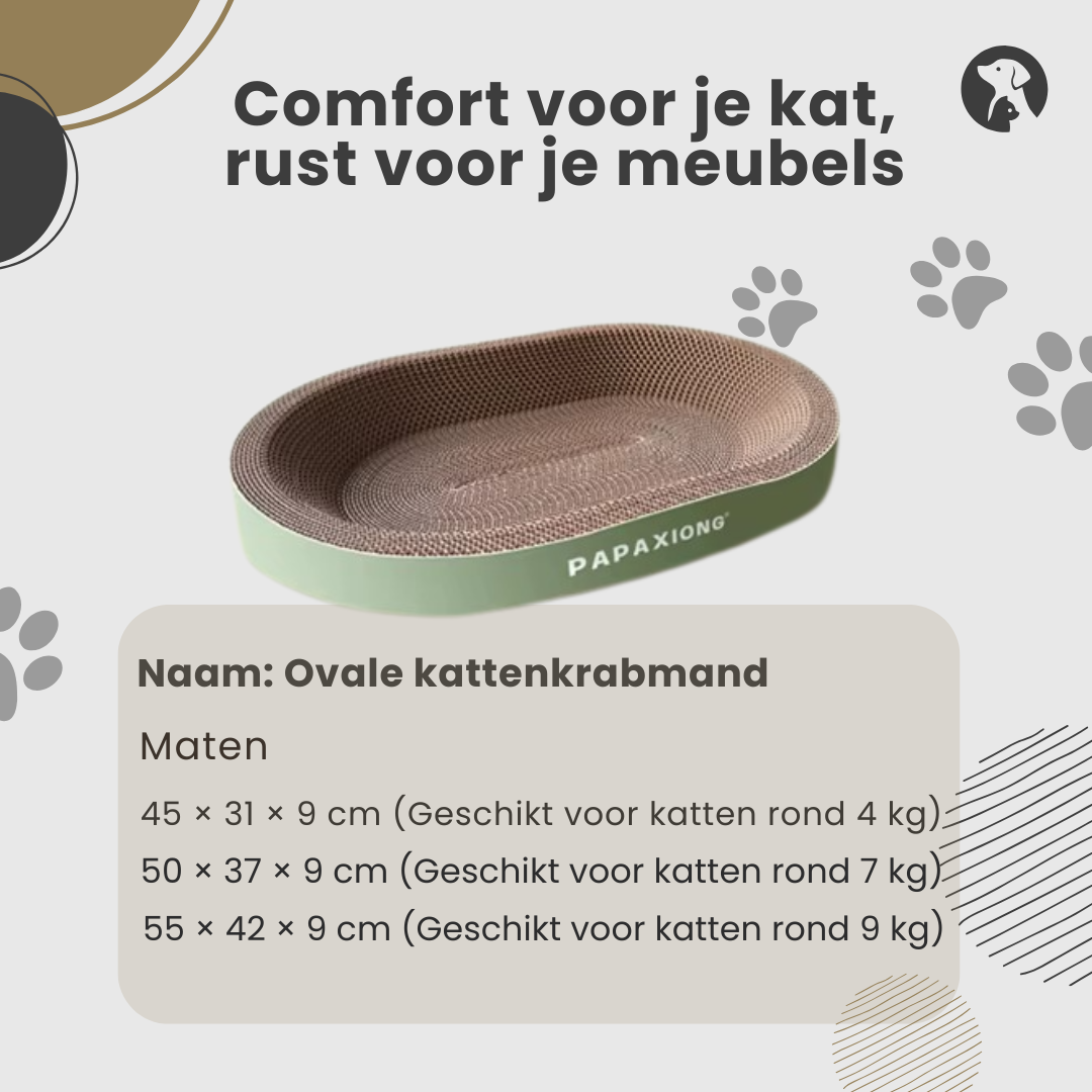 Ovale kattenkrabmand met afmetingen voor katten van 4 tot 9 kilo – comfortabel en duurzaam design.