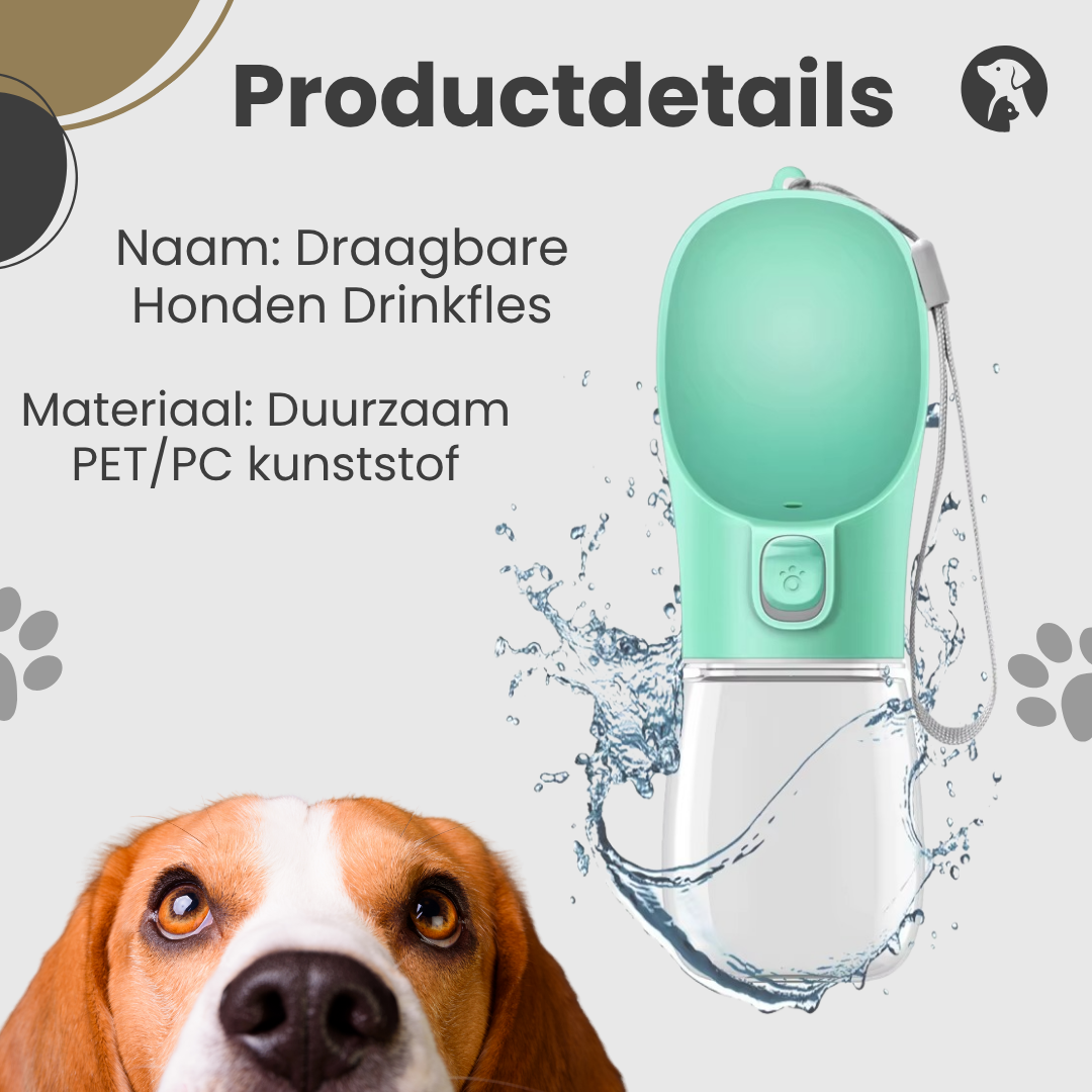 Informatieve productafbeelding met specificaties van de draagbare hondenwaterfles in groen