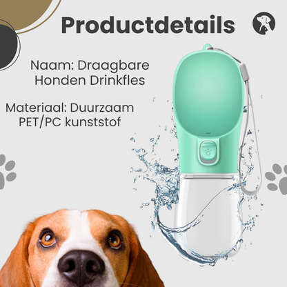 Informatieve productafbeelding met specificaties van de draagbare hondenwaterfles in groen