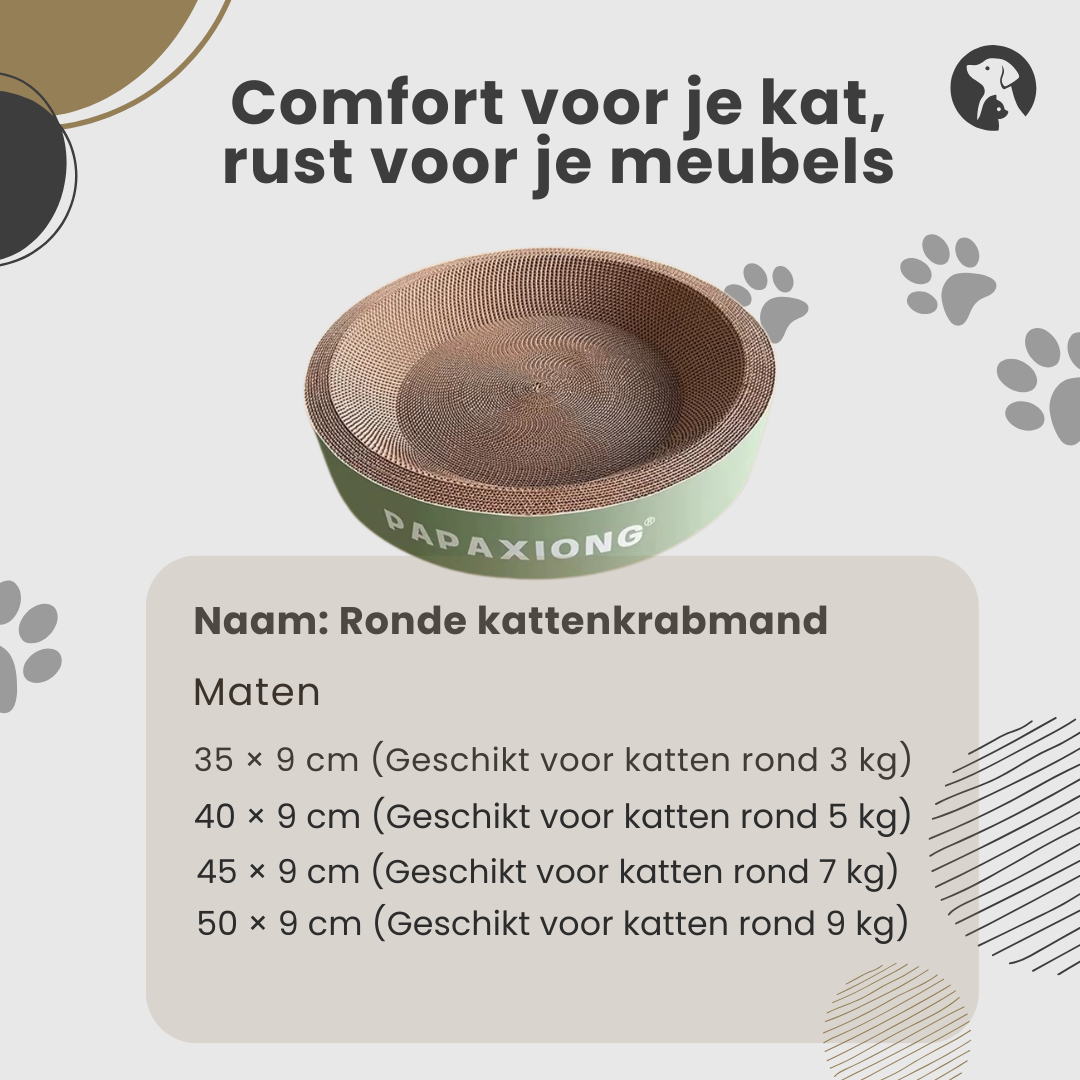 Ronde kattenkrabmand met afmetingen voor katten van 3 tot 9 kilo – comfort voor kat, rust voor meubels.