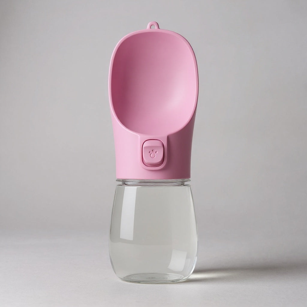 Studiofoto van roze draagbare hondenwaterfles voor huisdieren