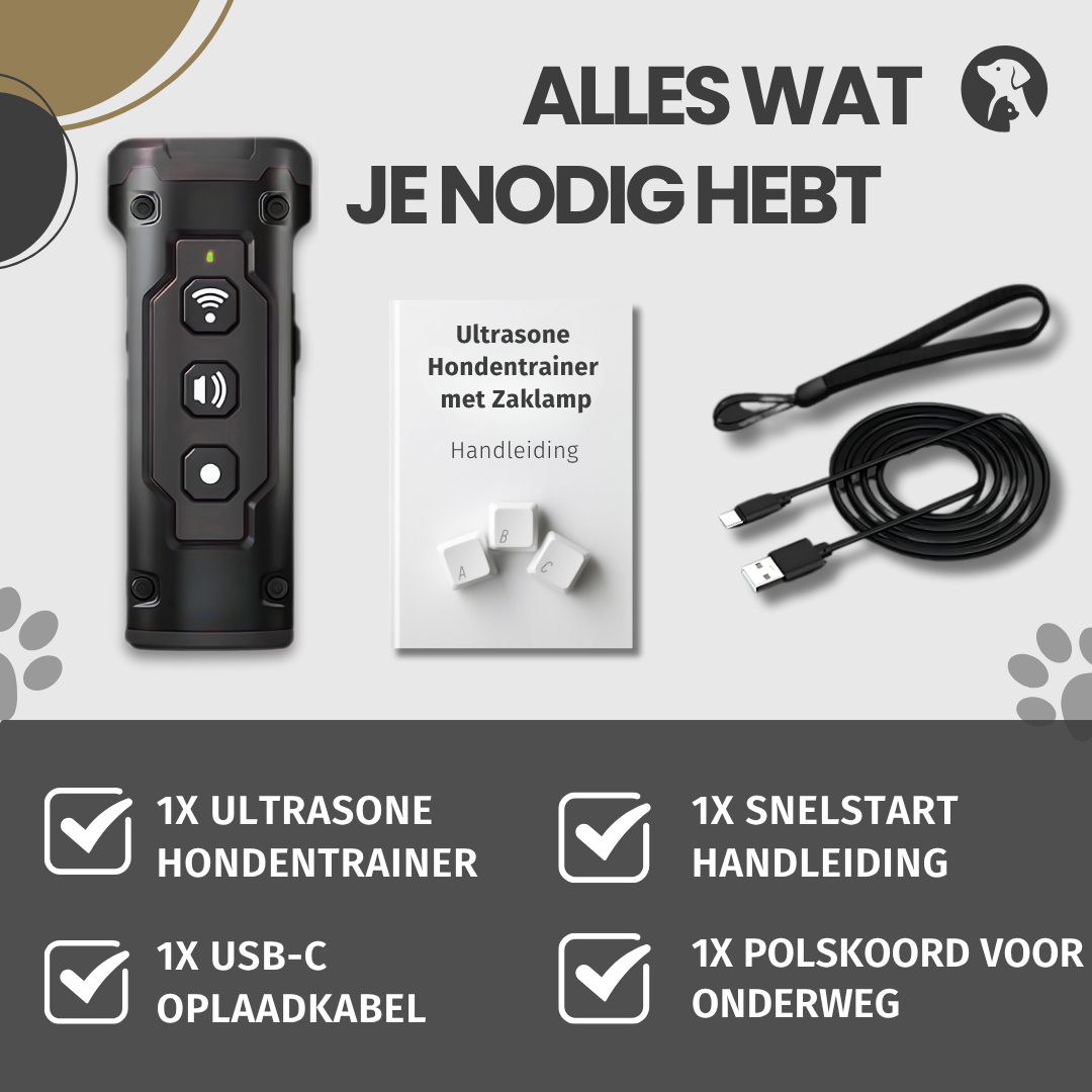 Complete set met ultrasonic honden trainer, USB-oplaadkabel en handleiding.