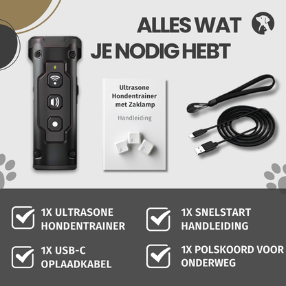 Complete set met ultrasonic honden trainer, USB-oplaadkabel en handleiding.