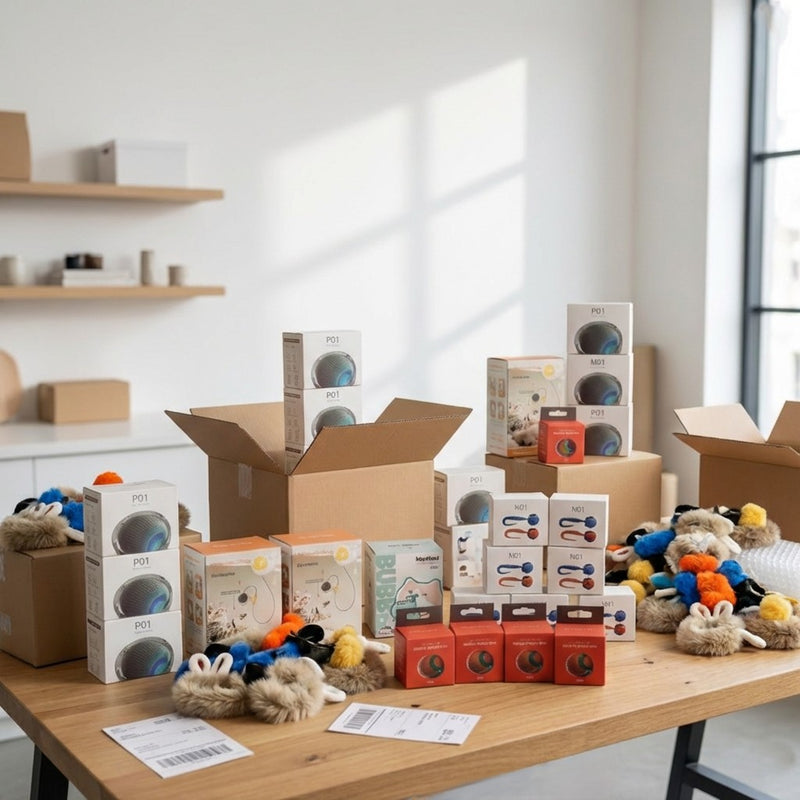 Een sfeervol overzicht van onze voorraad kattenaccessoires op een grote houten tafel, klaar om verzonden te worden naar nieuwe baasjes.