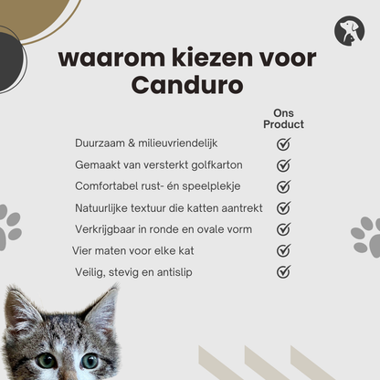 Overzicht van voordelen van Canduro kattenkrabmand – veilig, duurzaam, eenvoudig te monteren en verkrijgbaar in meerdere maten.
