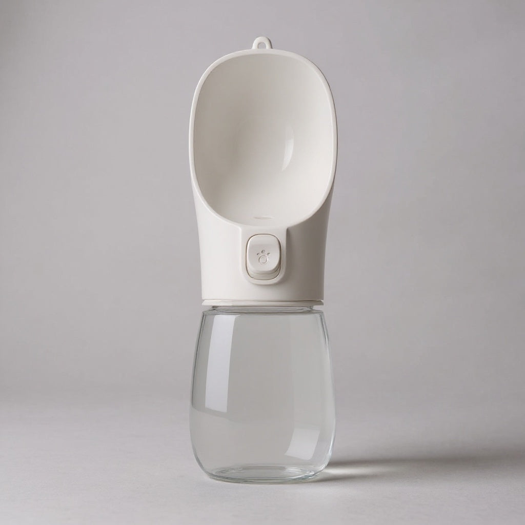 Studiofoto van witte hondenwaterfles op witte achtergrond